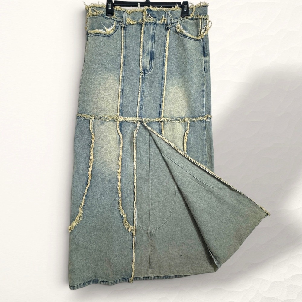Denim Grunge Maxi Skirt Women Medium Blue Distressed Raw Hem Exposed Seams